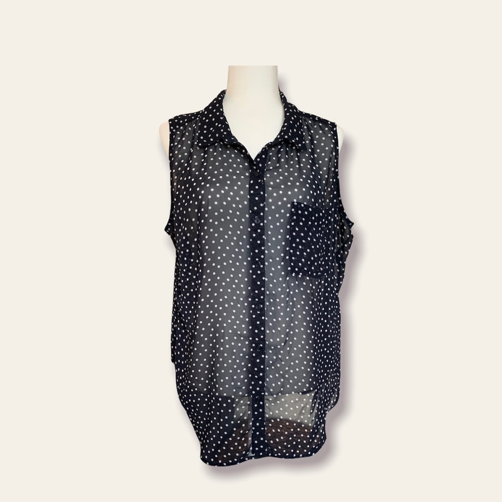 💅 Liz Claiborne Sleeveless Navy Blue & White Sheer Blouse Size XL
